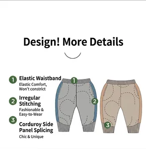 Detail van warme kinderbroek met elastische taille en zijpanelen van corduroy stof