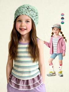 Débardeur Rayé pour Filles Sans Manches Mélange de Coton Tricot à Côtes Été Décontracté Gilet Enfant Tops