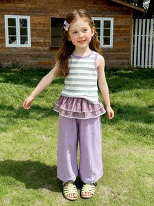 Tenue d'été pour filles avec débardeur à rayures vertes et pantalon large violet