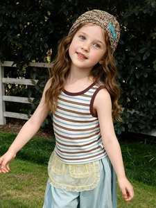 Débardeur rayé pour filles avec short en dentelle bleue et chapeau en tricot rétro