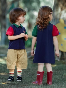 Παιδικά navy colorblock polo μπλουζάκια και φόρεμα για αγόρια και κορίτσια σε preppy στυλ