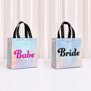 Borse tote olografiche Bride e Babe con riflessi metallici e manici neri resisten