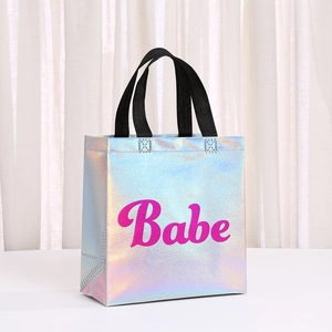 Borsa tote laser iridescente per regali di nozze con logo Babe rosa e manici neri