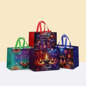 Happy Diwali Non-woven Gift Bags Diya Lamp Mandala Fireworks Pattern Large Capacity Reusable Handbags For Festival Party