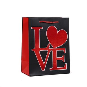 Black Valentine gift bag with red LOVE heart text and handles for weddings or festivals