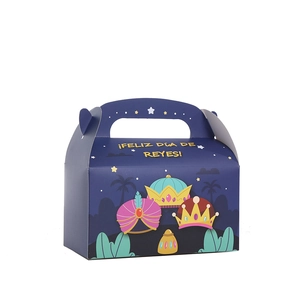 Three Kings Day gift box with royal crowns and stars on a deep blue matte paper box