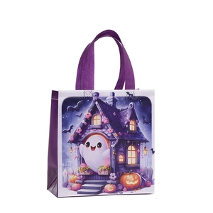 Purple Halloween non-woven gift bag with cute ghost, pumpkin and haunted house design