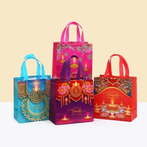 Sac Cadeau Happy Diwali en Tissu Non-Tissé Fourre-Tout Avec Imprimé Mandala Diya Pour Célébration Fête Festival Des Lumières