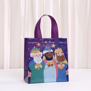 Vue détaillée du sac cadeau violet en non-tissé avec illustration des Rois Mages