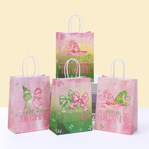 Cartoon Print Pink White Cardboard Handheld Party Gift Bag With Handle For Candy Packaging Wedding Birthday Halloween Thanks For Coming Paper Bag