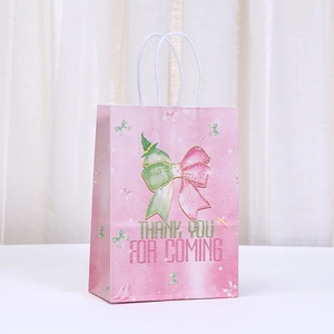 Detailed view of pink witch hat gift bag with bow and Thank You For Coming text
