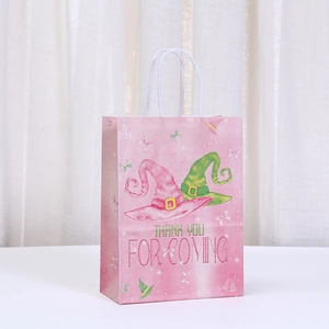 Pink kraft paper party gift bag with cartoon witch hats and Thank You For Coming text