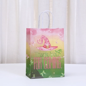 Pink gradient paper gift bag with witch hat and Thank You FOR COMING message