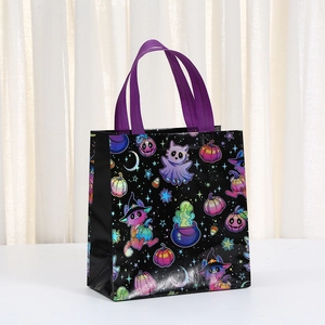 Halloween non-woven gift bag with colorful cat and pumpkin prints on black background
