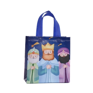 Sac cadeau non tissé avec les Rois Mages et anses bleues pour la fête de l'Épiphanie