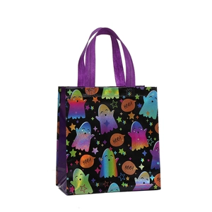 Halloween tote bag with rainbow ghost print and BOO text on black non-woven fabric