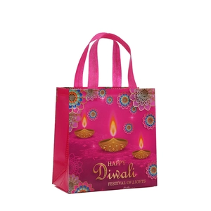 Sac cadeau Diwali rose en non-tissé avec impression Happy Festival of Lights