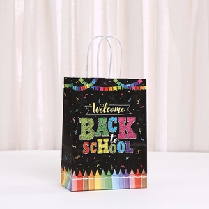 Black 'Welcome Back to School' kraft paper gift bag with colorful crayon pattern and handles