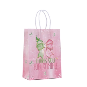 Pink kraft paper party gift bag with bow pattern and Thank You For Coming text