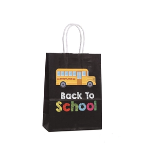 Black Back To School gift paper bag with yellow school bus illustration and white handles