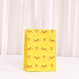 Yellow duck cartoon kraft paper gift bag with handles for birthday party favors