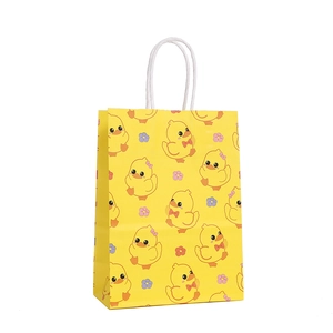 Kraft paper gift bag with cute cartoon yellow duck print and white rope handles