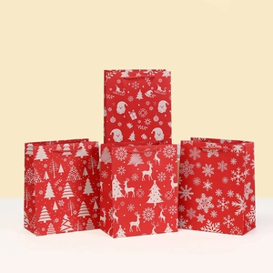 Christmas Gift Bags White Cardboard Handheld Red Holiday Party Favor Bags With Santa Claus Reindeer Snowflake Prints