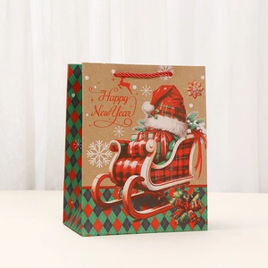 Christmas gift paper bag with plaid patterns and Happy New Year message and red handle