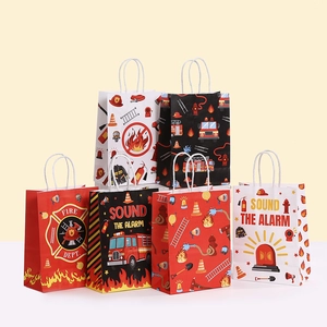 Fire Truck Party Favor Bags Kraft Paper Firefighter Birthday Gift Bags Handheld Fire Dept Theme Treat Bags For Kids Celebration