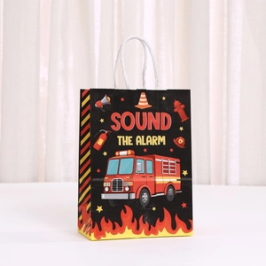 Cartoon fire truck gift bag with SOUND THE ALARM text and white handles for kids birthday