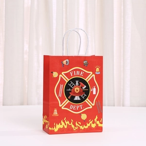 Fire engine themed red kraft paper gift bag with Fire Dept emblems and white rope handles