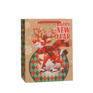 Brown kraft paper Christmas gift bag featuring a cute reindeer with festive red rope handles