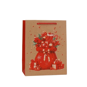 Brown kraft Christmas gift bag with red festive illustrations and woven rope handles