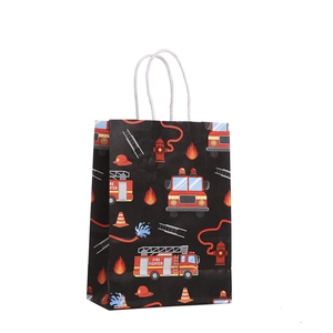 Black fire fighter themed paper gift bag with red fire truck prints and white rope handles