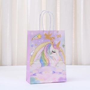 Unicorn Kraft paper gift bag with rainbow prints and white twisted rope handles