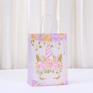 Unicorn kraft paper gift bag with pink floral patterns and white rope handles