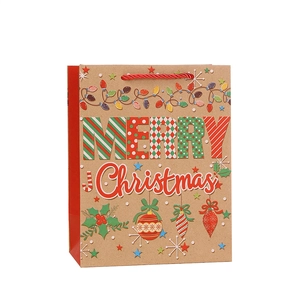 Christmas kraft paper gift bag with Merry Christmas print and red woven handles