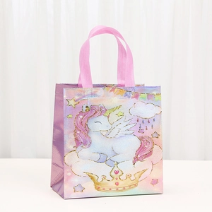 Iridescent unicorn print non-woven gift bag with handle for party favors and storage