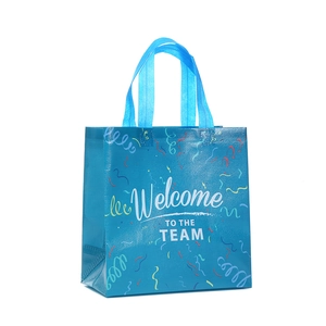 Sac cadeau bleu en non-tissé avec imprimé Welcome TO THE TEAM et poignées tissées solides
