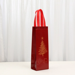 Red Christmas non-woven wine gift bag with golden Merry Christmas tree design