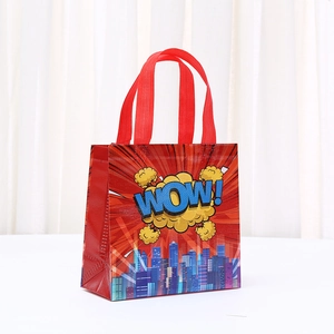 Red non-woven City Hero gift bag with WOW comic burst design and durable handles