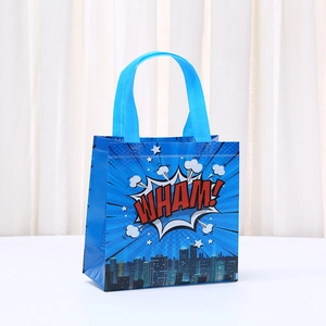 Cartoon City Hero blue non-woven gift bag with WHAM! print and city skyline design