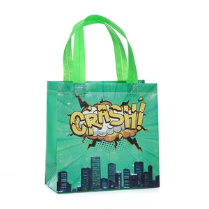 Green non-woven gift bag with pop art comic city hero print and crash text design