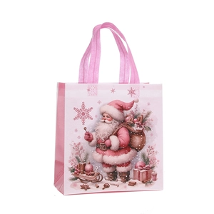 Pink non-woven Christmas gift bag with Santa Claus illustration and festive patterns