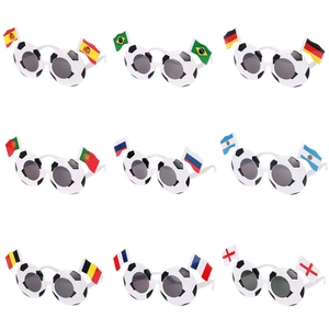 Nine different football world cup fan glasses featuring national flag designs for supporters