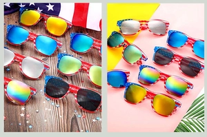 Detail of USA flag pattern sunglasses with colorful vacuum-plated mirrored lenses