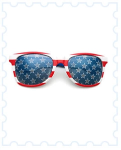 Detail of USA flag sunglasses with red stripes and blue star pattern lenses