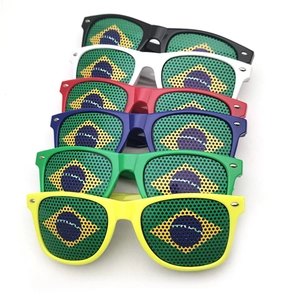 Detailed view of Brazil flag party sunglasses set in six vibrant frame colors