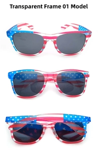 Three transparent American flag sunglasses stacked vertically with dark grey UV400 lenses
