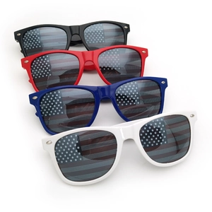Stack of UV400 patriotic sunglasses with American flag printed lenses in four colors